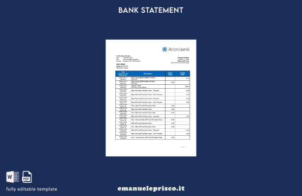modello word di estratto conto bancario Islanda Arion in stile verificato
